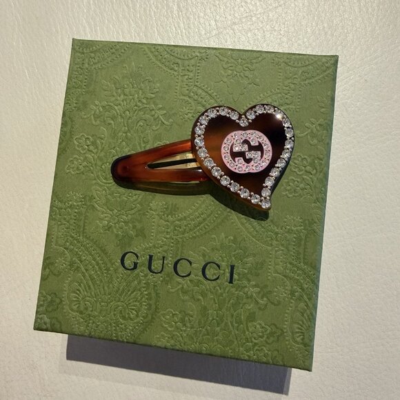 NEW GUCCI HAIR CLIP ON BROWN CRYSTAL Heart GG 100% Authentic
